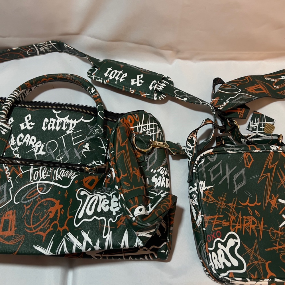 Vibrant Green and Orange Travel Bags with Urban Design